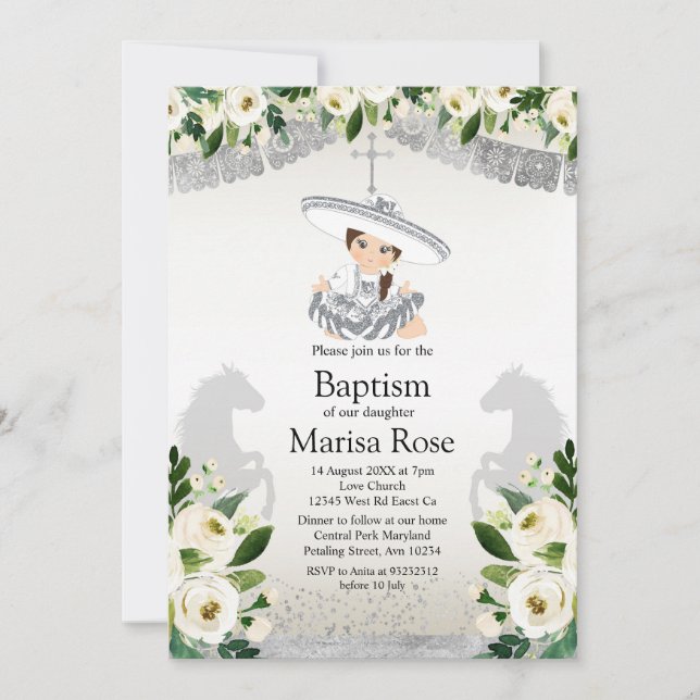 Silver Fiesta Girl Baptism Christening Invitation (Front)