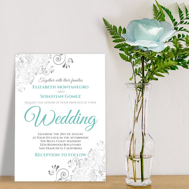 Silver Filigree Aqua and White Elegant Wedding Invitation (Creator Uploaded)