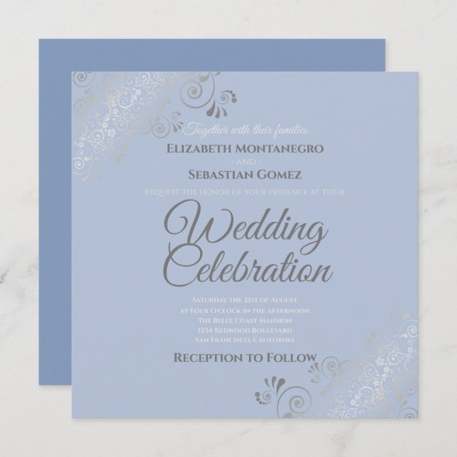 Silver Filigree Elegant Blue Grey Square Wedding Invitation (Front/Back)