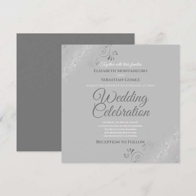 Silver Filigree Elegant Grey Square Wedding Invitation (Front/Back)