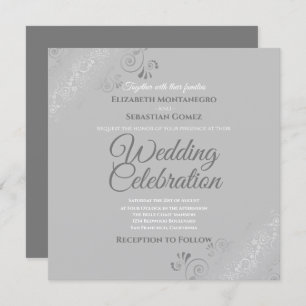 Silver Filigree Elegant Grey Square Wedding Invitation