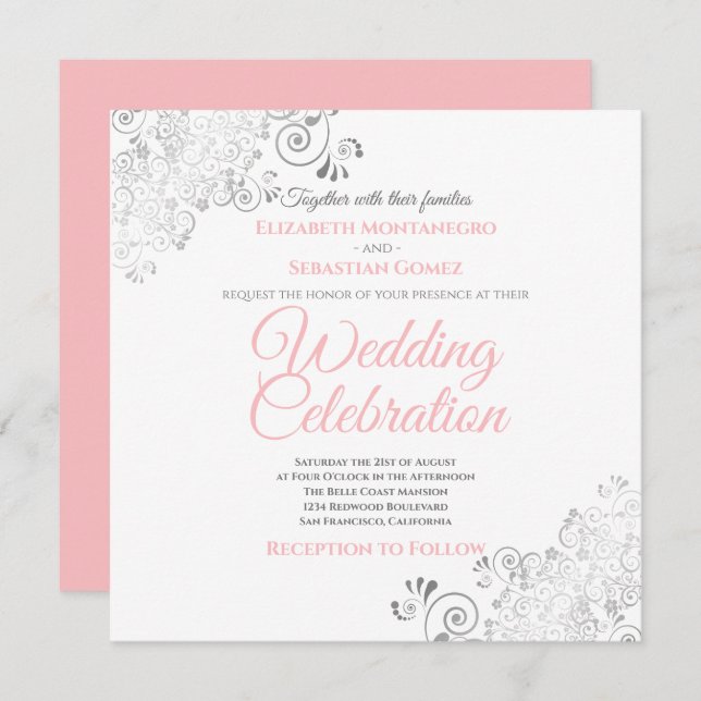 Silver Filigree Elegant Pink Grey Square Wedding Invitation (Front/Back)