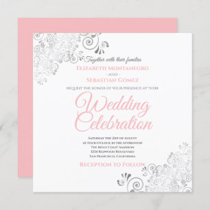 Silver Filigree Elegant Pink Grey Square Wedding Invitation