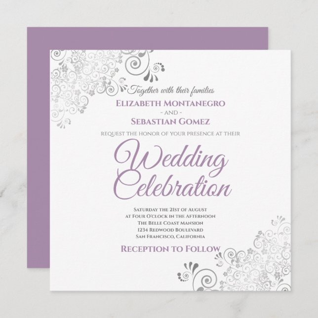 Silver Filigree Elegant Purple Square Wedding Invitation (Front/Back)
