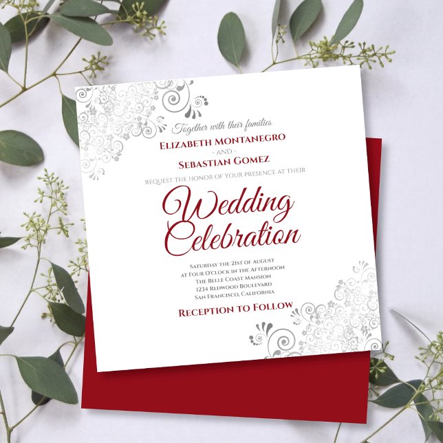 Silver Filigree Elegant Red & White Square Wedding Invitation (Creator Uploaded)