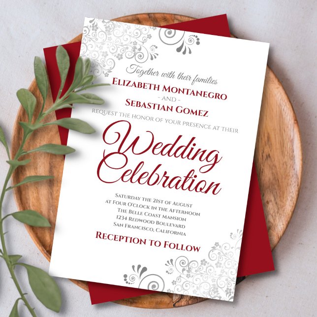 Silver Filigree Elegant Simple Red & White Wedding Invitation (Creator Uploaded)