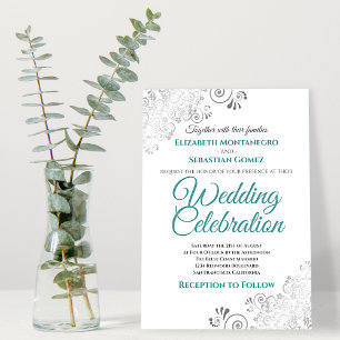 Silver Filigree Elegant Simple Teal & Grey Wedding Invitation