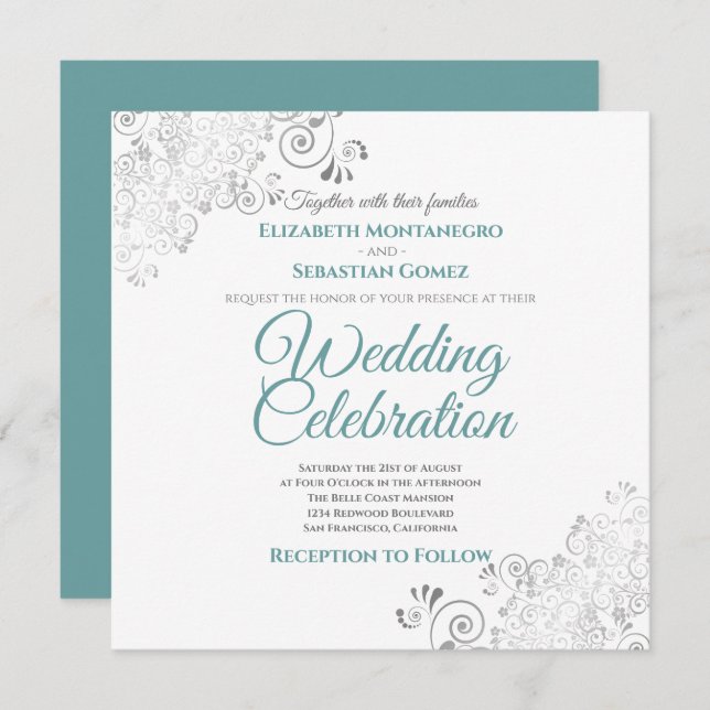 Silver Filigree Elegant Teal & Grey Square Wedding Invitation (Front/Back)