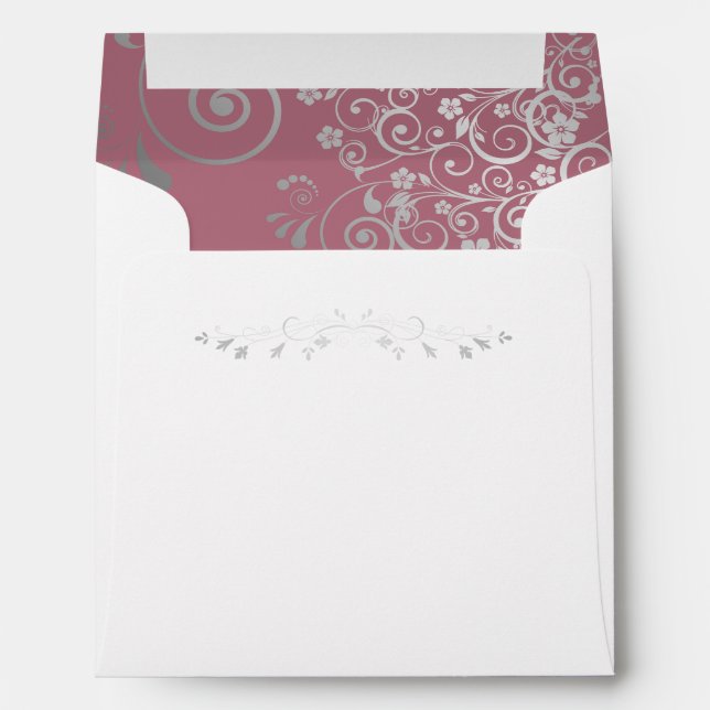 Silver Filigree Frills Dusty Rose Square Wedding Envelope (Back (Bottom))