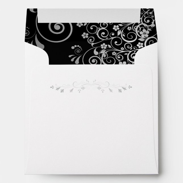 Silver Filigree Frills on Black Square Wedding Envelope (Back (Bottom))