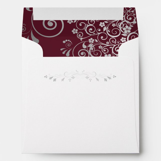 Silver Filigree Frills on Burgundy Square Wedding Envelope (Back (Bottom))