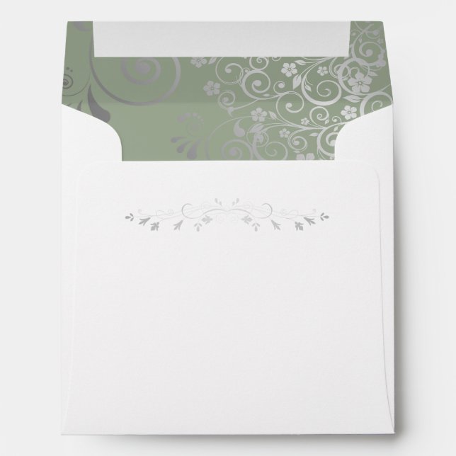 Silver Filigree Frills Sage Green Square Wedding Envelope (Back (Bottom))