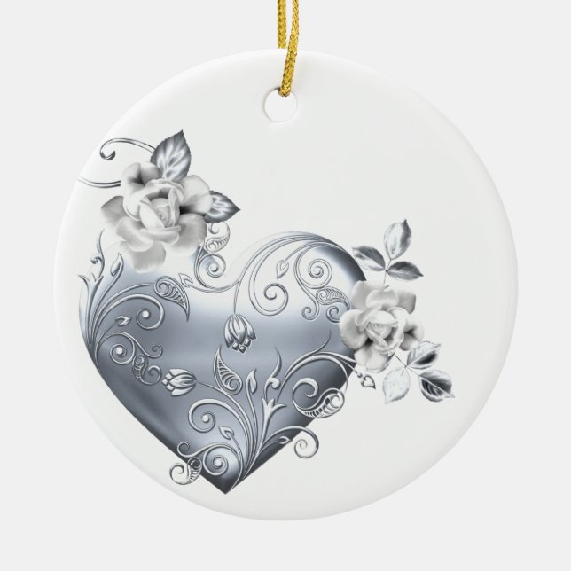 Silver Filigree Heart & White Roses Ceramic Tree Decoration (Front)