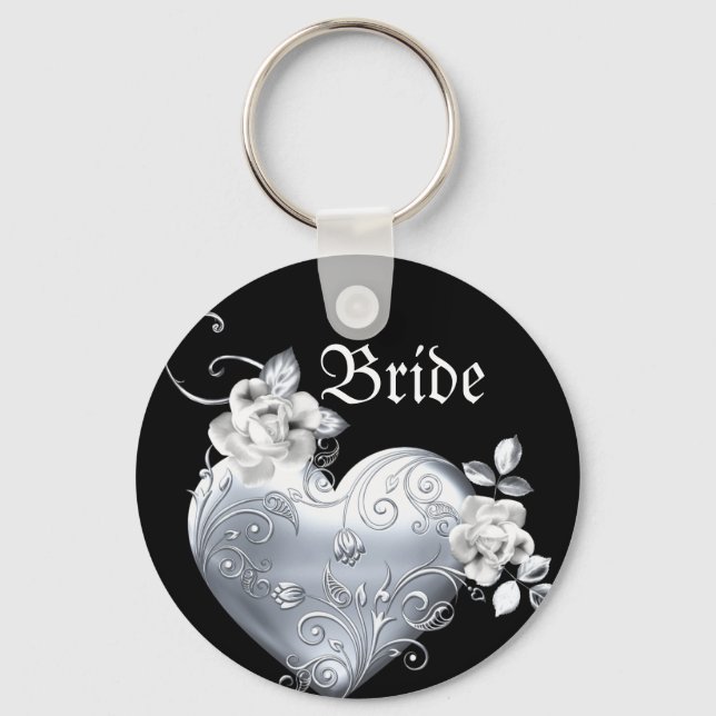 Silver Filigree Heart & White Roses Key Ring (Front)