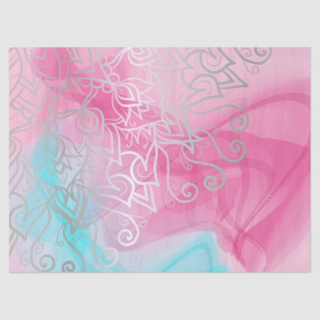 Silver Filigree Henna Ornaments On Pink Turquoise  Tissue Paper (Front)