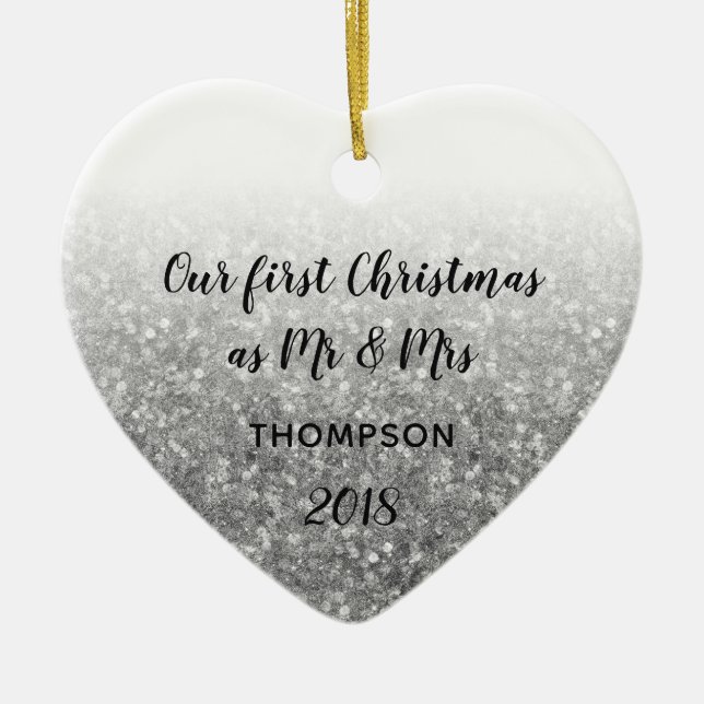 Silver First Christmas as Mr & Mrs Married Couple Ceramic Tree Decoration (Front)