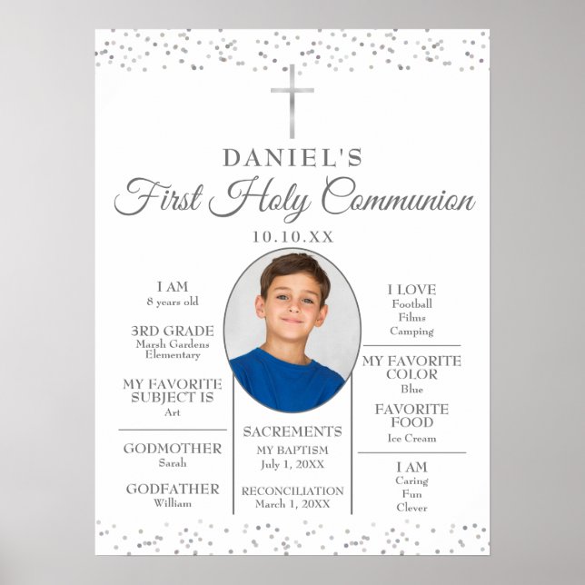 Silver First Communion Fun Facts Photo Sign (Front)