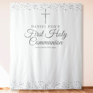 Silver First Holy Communion Photo Backdrop Tapestry
