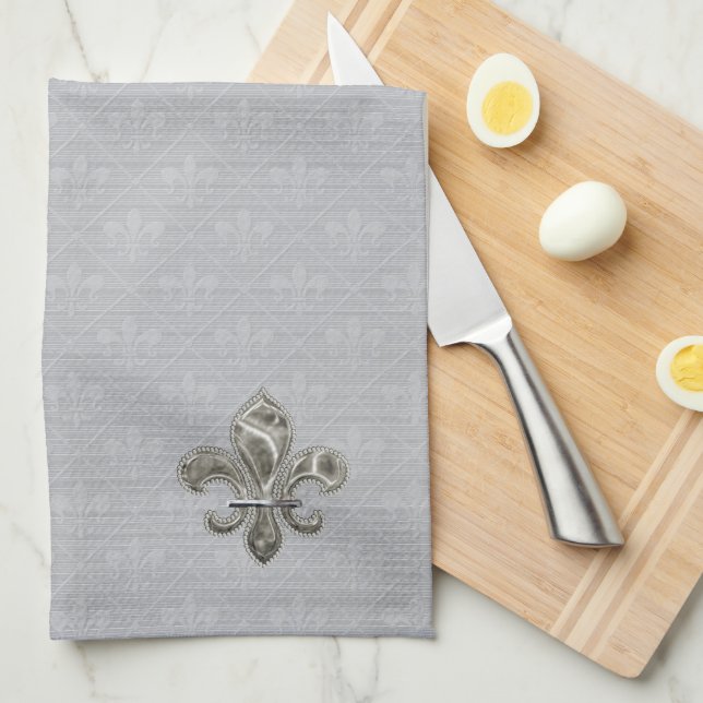 Silver Fleur de Lis Cloth Dishtowels (Quarter Fold)