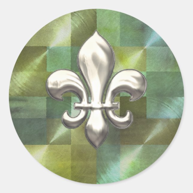 Silver Fleur de Lis on Abstract Greens Classic Round Sticker (Front)
