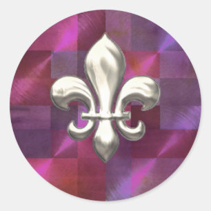 Silver Fleur de Lis on Abstract Pinks Classic Round Sticker