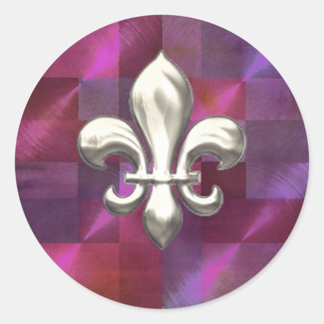 Silver Fleur de Lis on Abstract Pinks Classic Round Sticker (Front)