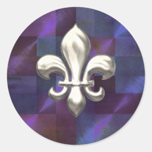Silver Fleur de Lis on Abstract Purples Classic Round Sticker