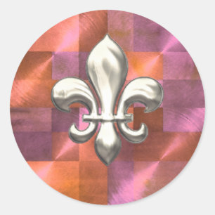 Silver Fleur de Lis on Geometric Orange and Purple Classic Round Sticker