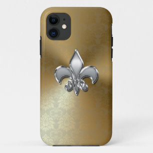 Silver Fleur-De-Lis on Gold Damask iPhone 11 Case