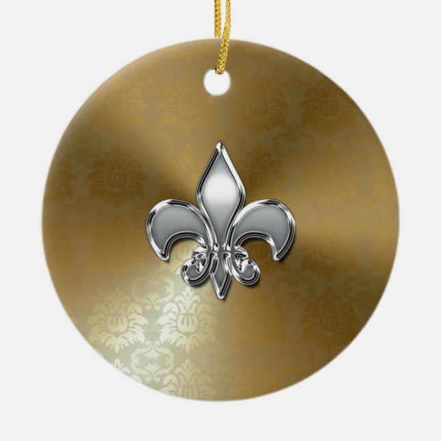 Silver Fleur-De-Lis on Gold Damask Ceramic Tree Decoration (Front)