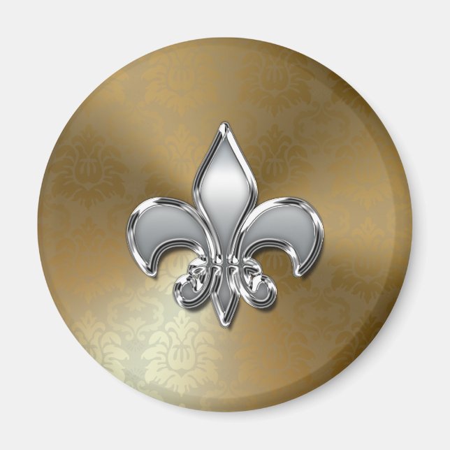 Silver Fleur-De-Lis on Gold Damask Magnet (Front)