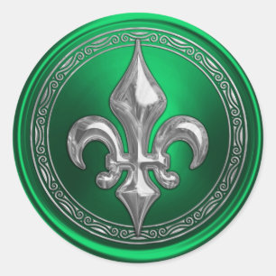 Silver Fleur de Lis on Green Background Classic Round Sticker