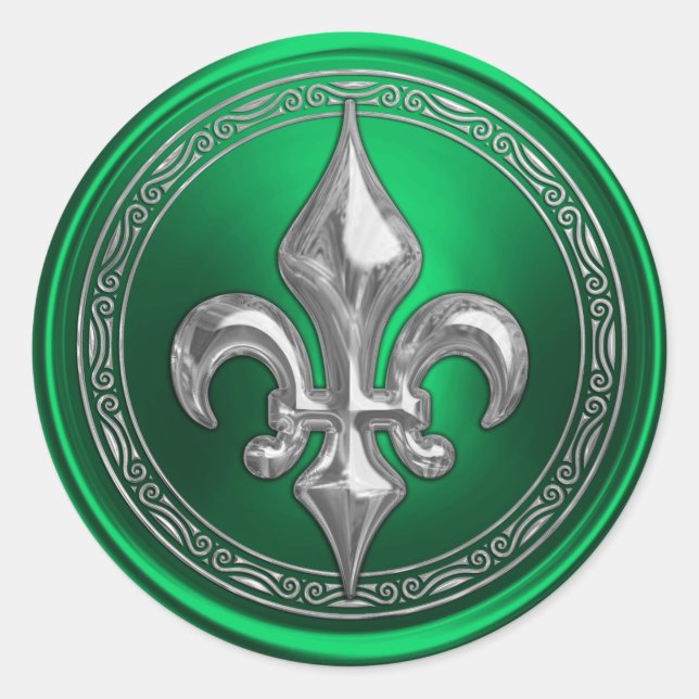 Silver Fleur de Lis on Green Background Classic Round Sticker (Front)