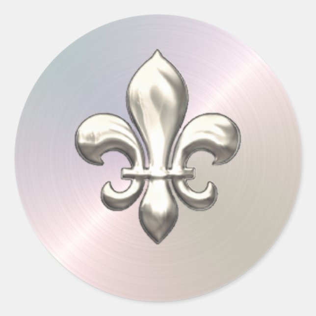 Silver Fleur de Lis on Pearl Classic Round Sticker (Front)