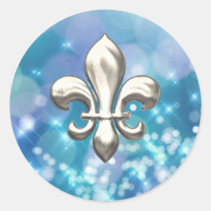 Silver Fleur de Lis on Twinkle Blue Classic Round Sticker