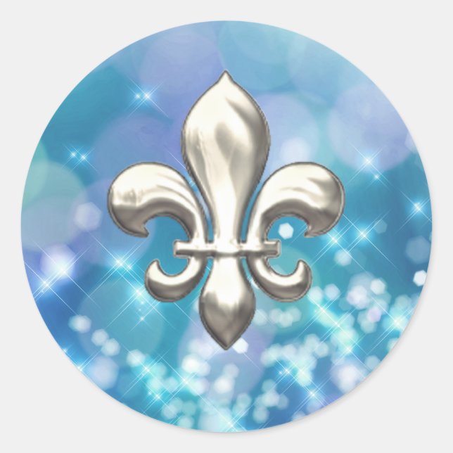Silver Fleur de Lis on Twinkle Blue Classic Round Sticker (Front)