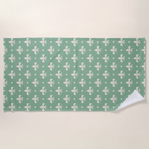 Silver Fleur De Lis pattern on green background Beach Towel