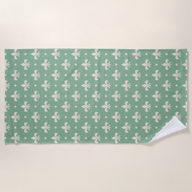 Silver Fleur De Lis pattern on green background Beach Towel (Front)