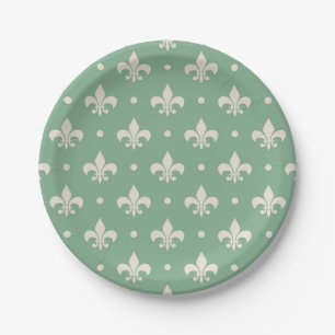 Silver Fleur De Lis pattern on green background Paper Plate