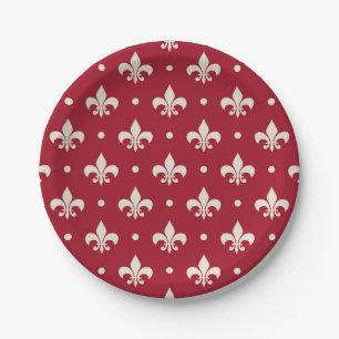 Silver Fleur De Lis pattern on red background Paper Plate
