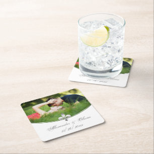 Silver Fleur de Lis Photo Wedding Paper Coasters