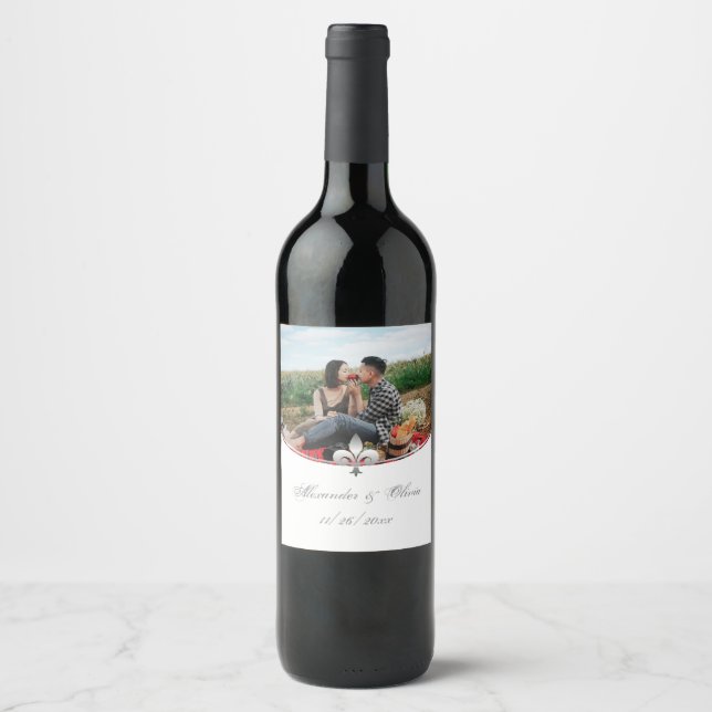 Silver Fleur de Lis Photo Wedding Wine Label (Front)
