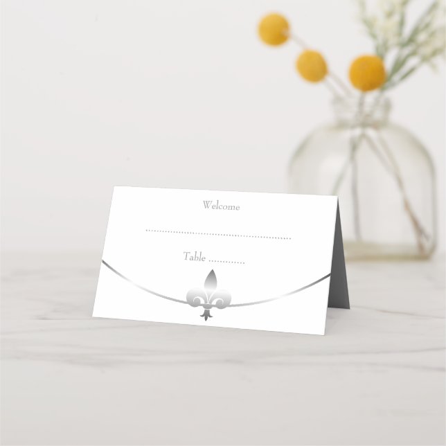 Silver Fleur de Lis Wedding Reception Place Card (Front)