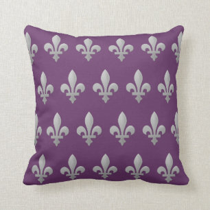 Silver Fleur de lys Floral Regal Purple Throw Cushion