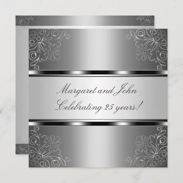 Silver Floral 25th Anniversary Party Event Invitation (Front/Back)
