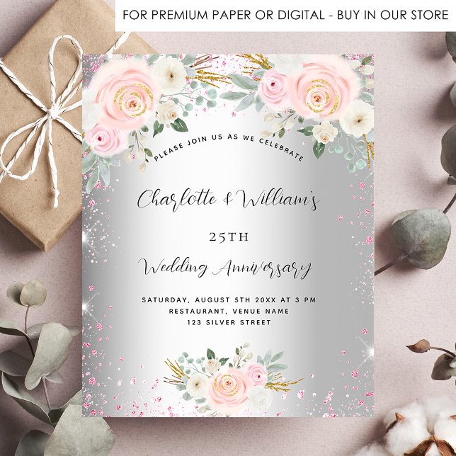 Silver floral 25th wedding anniversary invitation flyer (Creator Uploaded)