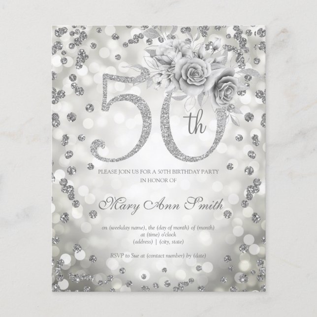 Silver Floral 50th Birthday Lights Invite Flyer (Front)