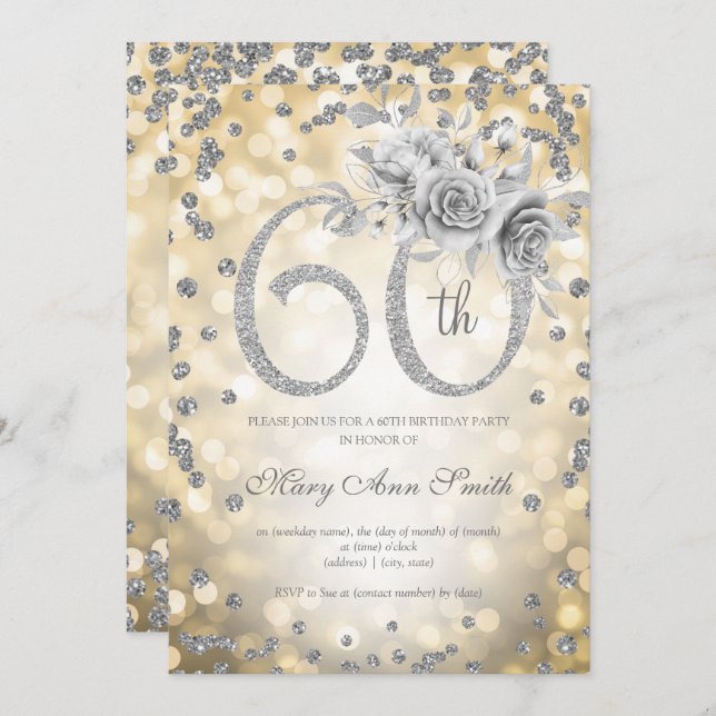 Silver Floral 60th Birthday Glam Lights Gold  Invitation (Front/Back)