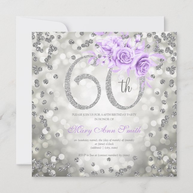 Silver Floral 60th Birthday Glam Lights Purple  (Front)