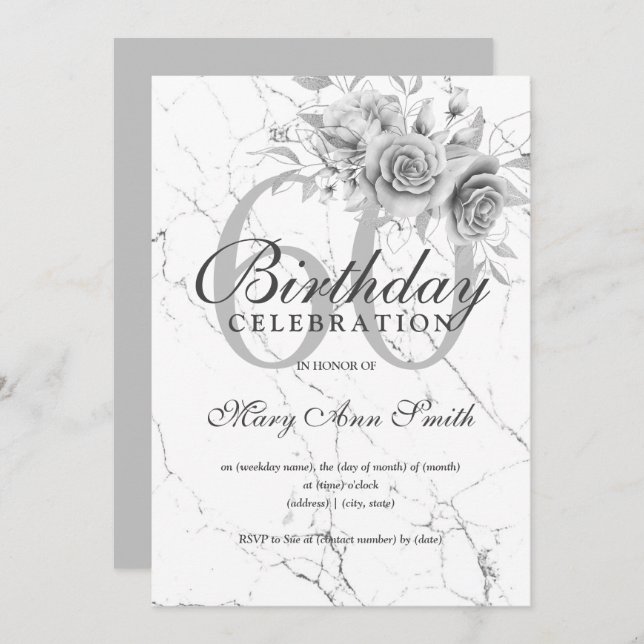 Silver Floral 60th Birthday Party Marble  Invitation (Front/Back)